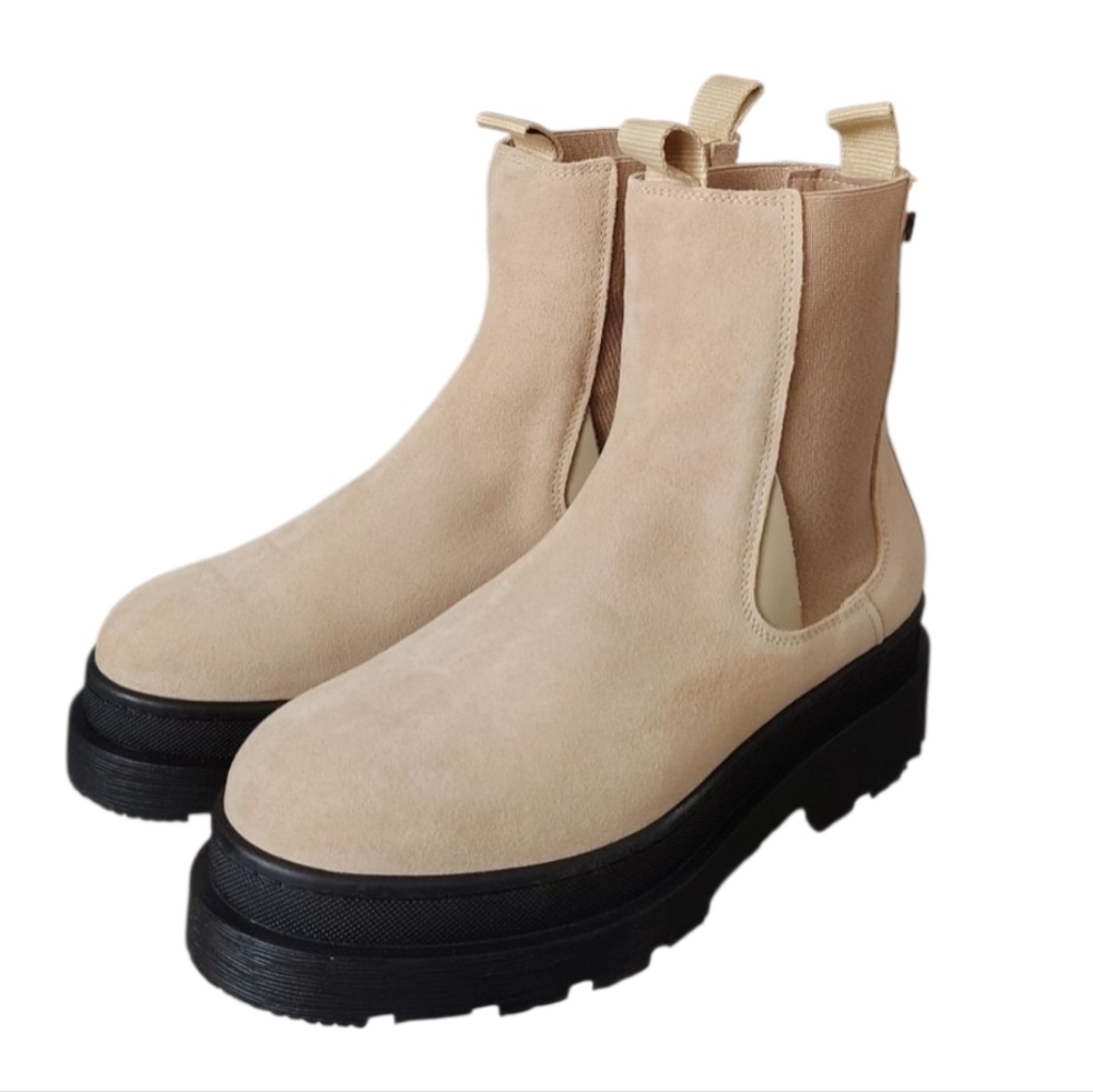 Scotch & Soda Suede Aubri Beige Womens Chelsea Boots Black Sole NEW